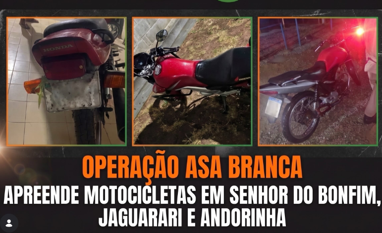 OPERAÇÃO ASA BRANCA APREENDE MOTOCICLETAS EM SENHOR DO BONFIM, ANDORINHA E JAGUARARI